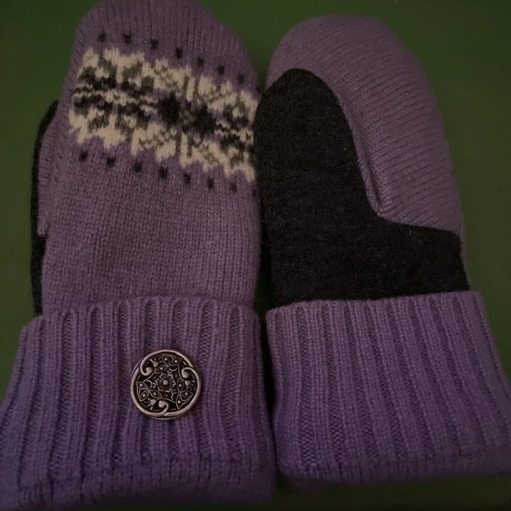 Purple & Grey Wool Bejeweled Women’s Drivers Mittens Medium
